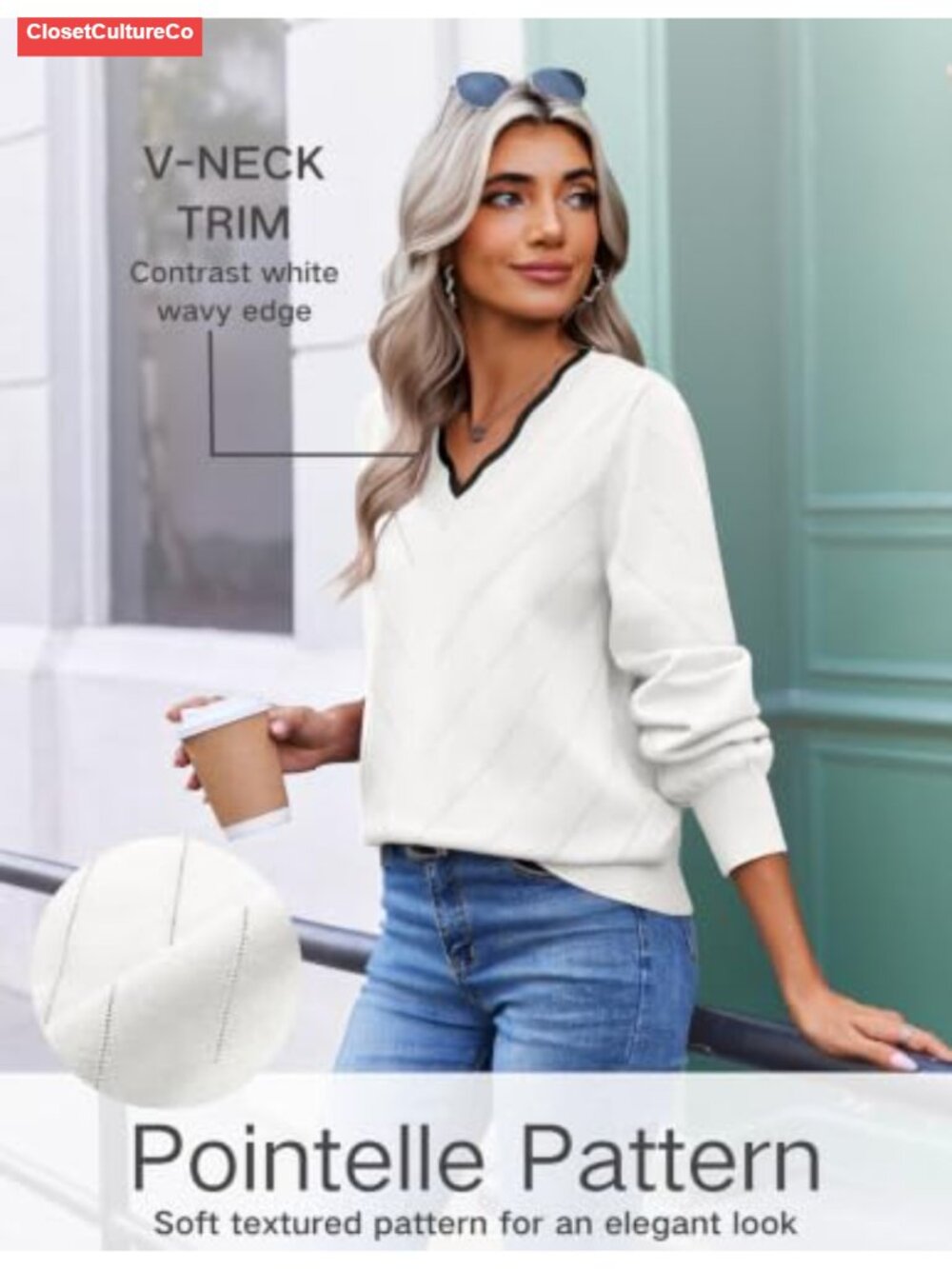 Ekouaer Women's V-Neck Lightweight Knit Pullover Sweater Long Sleeve Fall Top - Picture 3 of 6